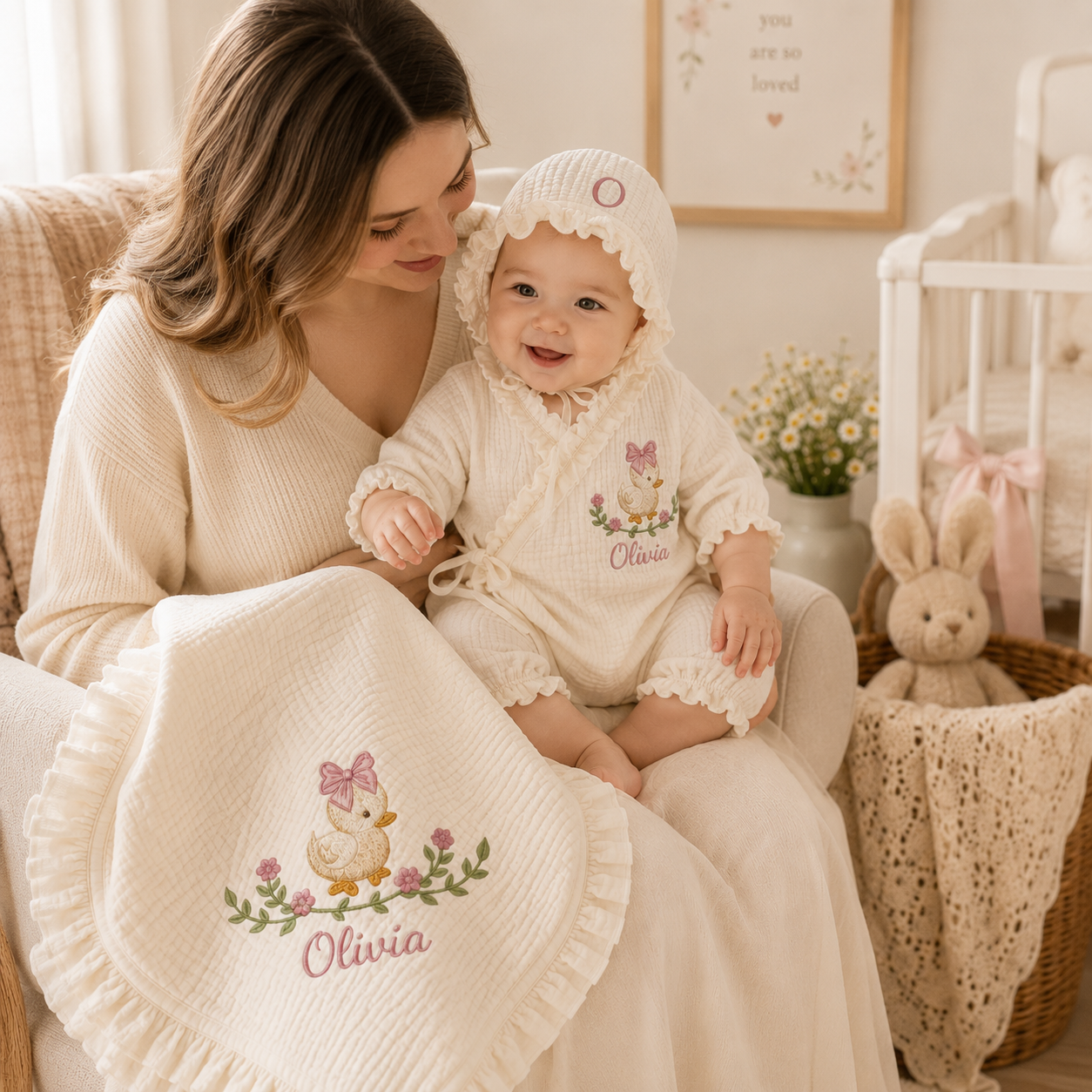 Personalized Baby Girl Muslin Gift Set – Embroidered Blanket, Kimono Romper & Bonnet