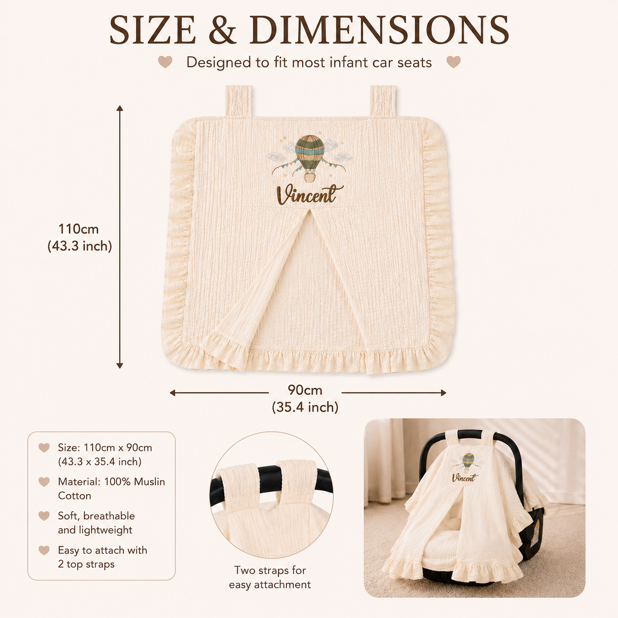 Personalized Baby Car Seat Canopy – Custom Embroidered Muslin Car Seat Cover with Name, Baby Shower Gift