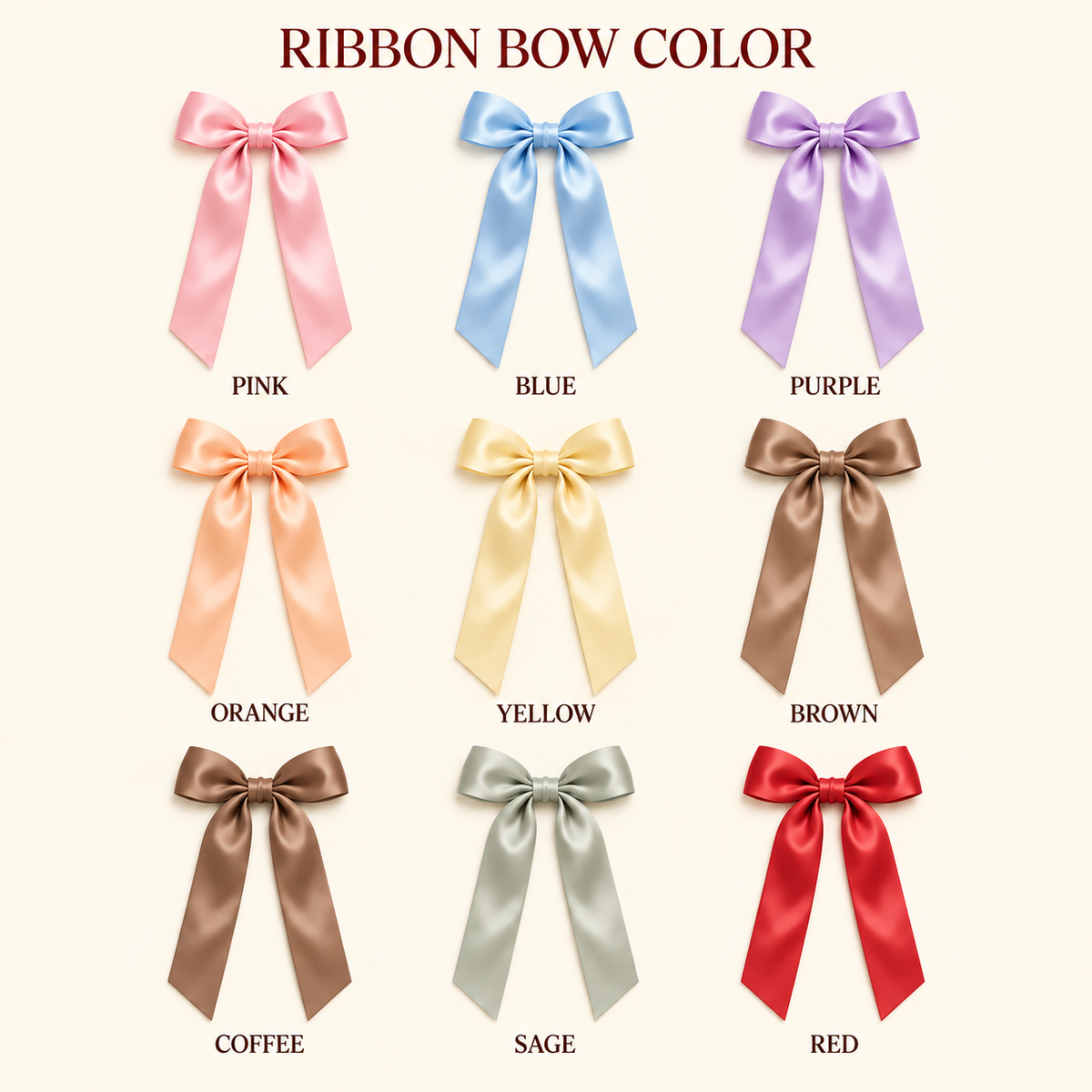 Ribbon bow color options for embroidered Christmas ornament: 9 satin ribbon colors