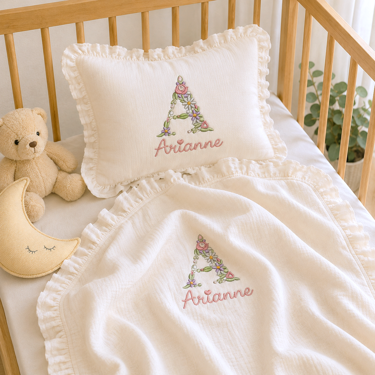 Personalized Muslin Baby Blanket & Ruffle Pillow Set | Custom Embroidered Baby Name Blanket | Newborn Baby Girl Gift | Cotton Nursery Bedding #N1