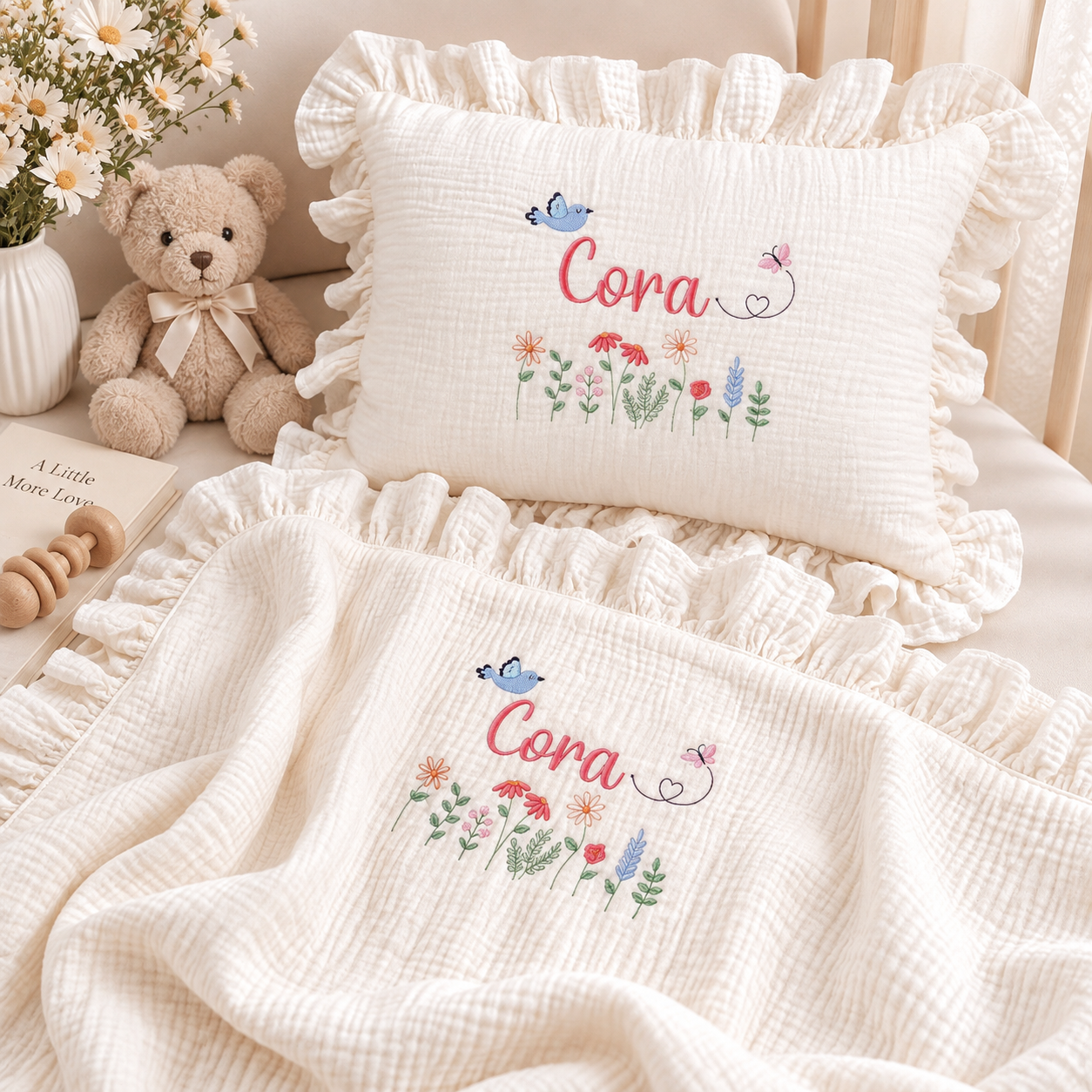 Personalized Muslin Baby Blanket & Pillow Set – Custom Embroidered Baby Name, Soft Cotton Muslin Nursery Gift for Newborn