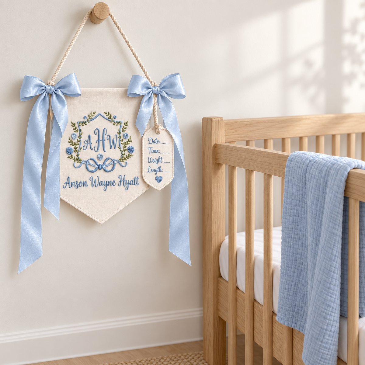 Monogram Hospital Door Banner for Newborn, Embroidered Baby Name Sign for Delivery Room & Nursery