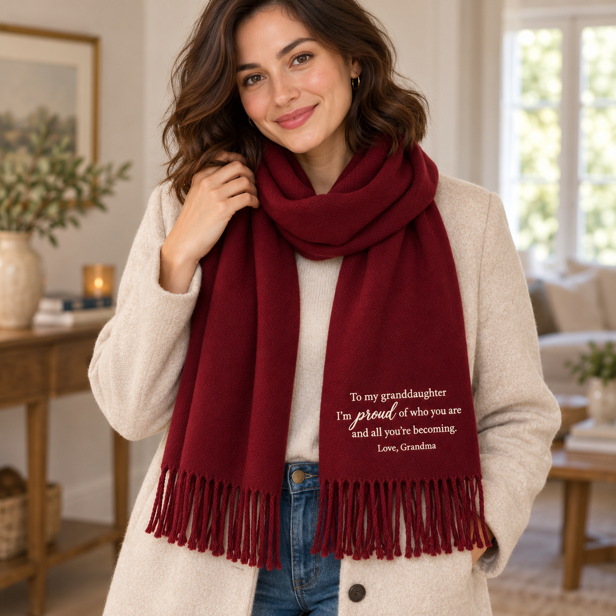Granddaughter wearing embroidered scarf from grandma