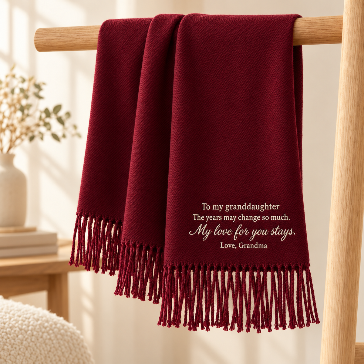 Embroidered granddaughter scarf hanging