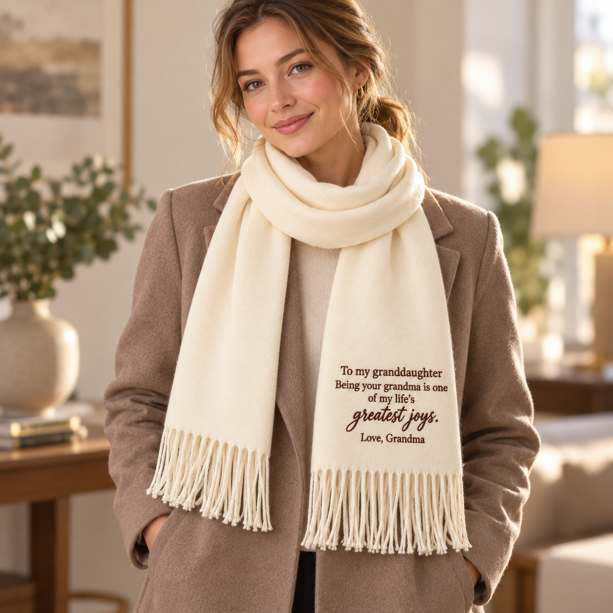 Granddaughter wearing embroidered scarf from grandma