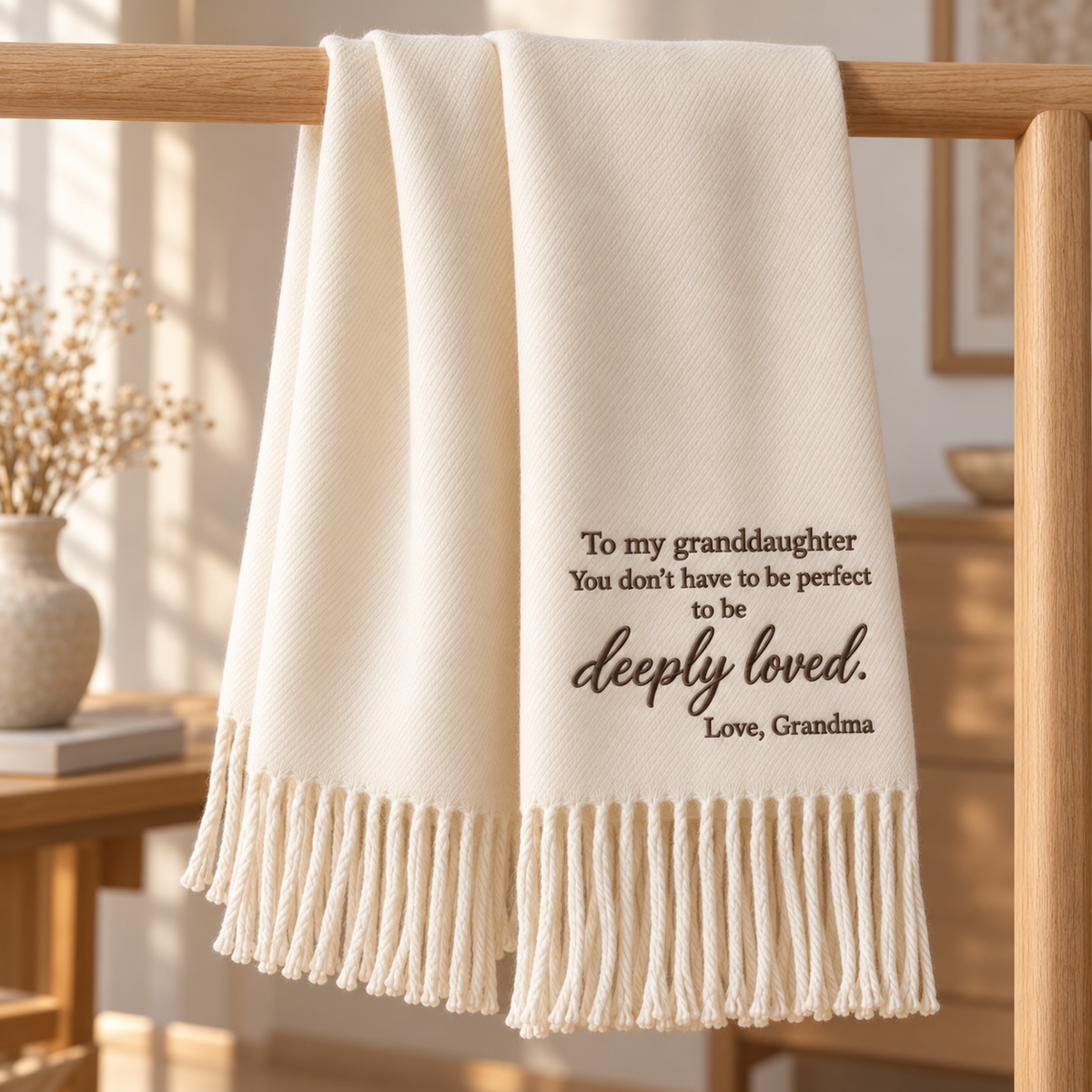 Embroidered granddaughter scarf hanging