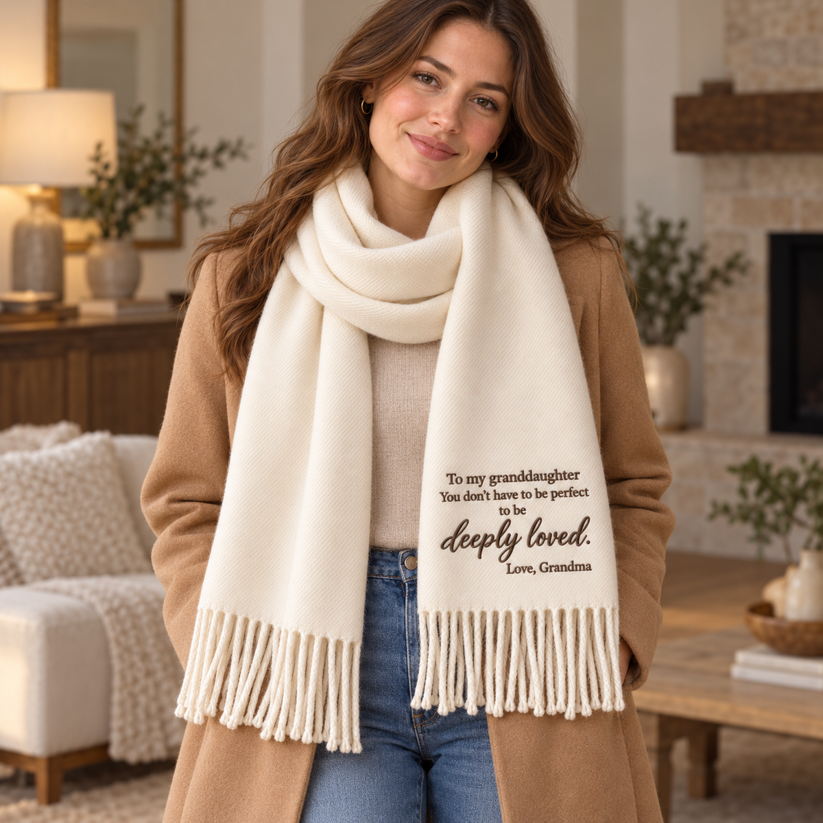 Granddaughter wearing embroidered scarf from grandma