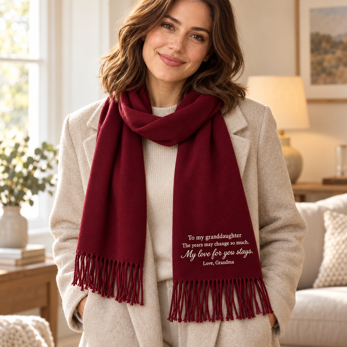 Granddaughter wearing embroidered scarf from grandma