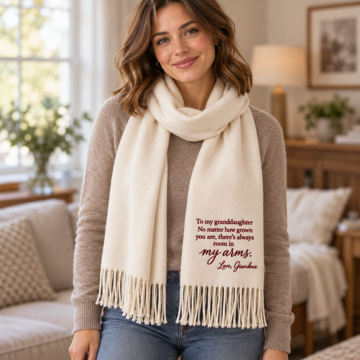 Granddaughter wearing embroidered scarf from grandma