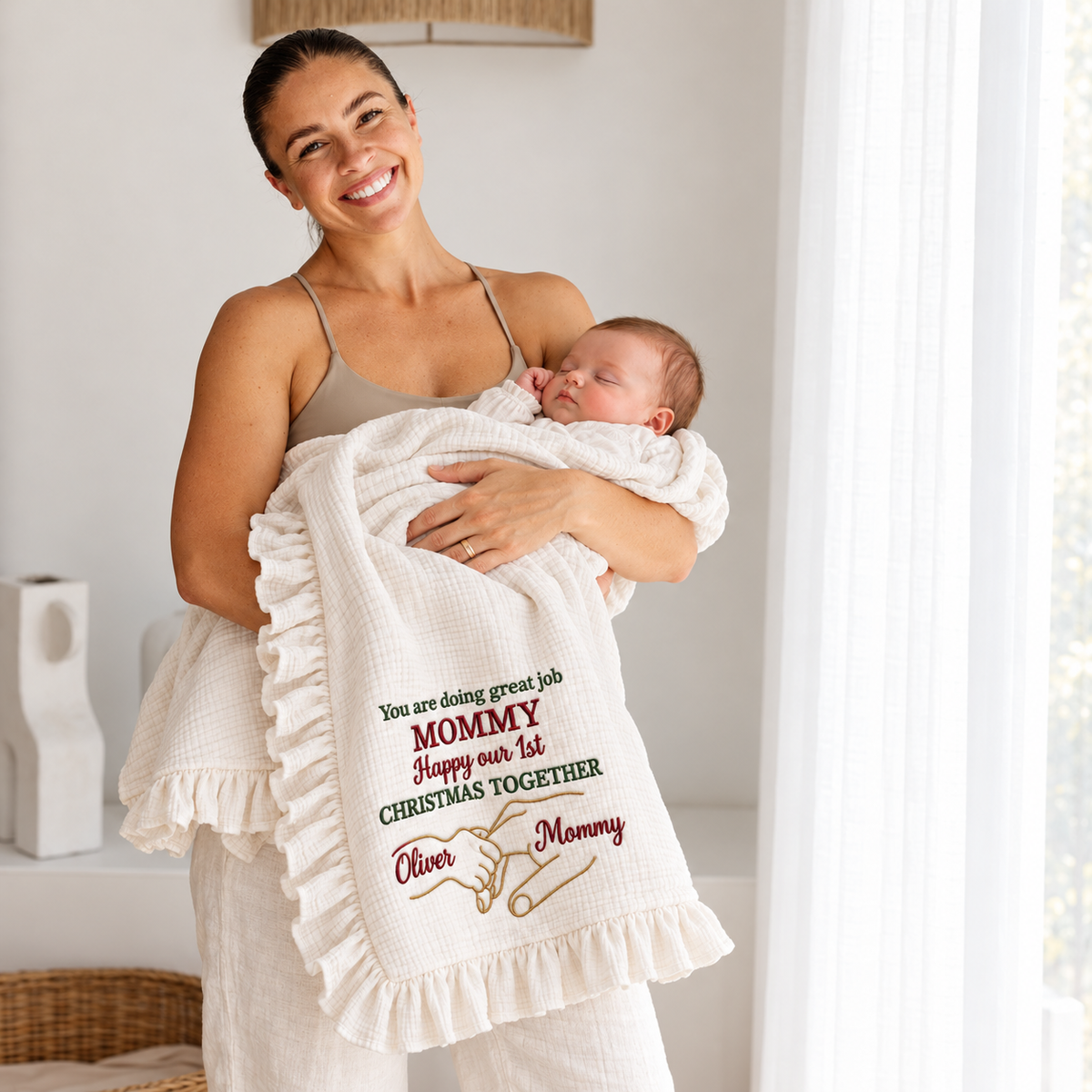 You Are Doing Great Job Mommy Embroidered Muslin Blanket | Personalized 1st Christmas Keepsake Gift for Newborn