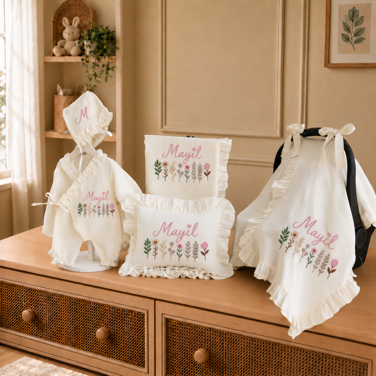 Organic Muslin Double Gauze, Embroidered Name Newborn Gift, Handmade Baby Shower Present, Custom Baby Gift