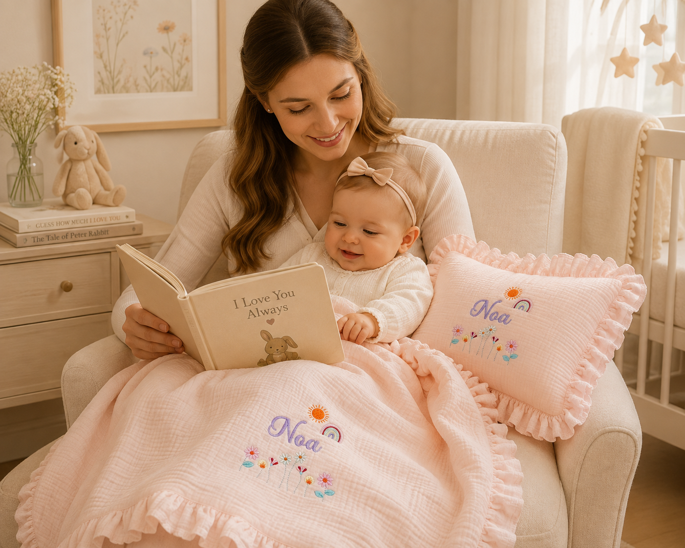 Personalized Baby Muslin Blanket & Ruffle Pillow Set – Embroidered Baby Name Blanket, Custom Newborn Gift, Soft Cotton Muslin Nursery Bedding