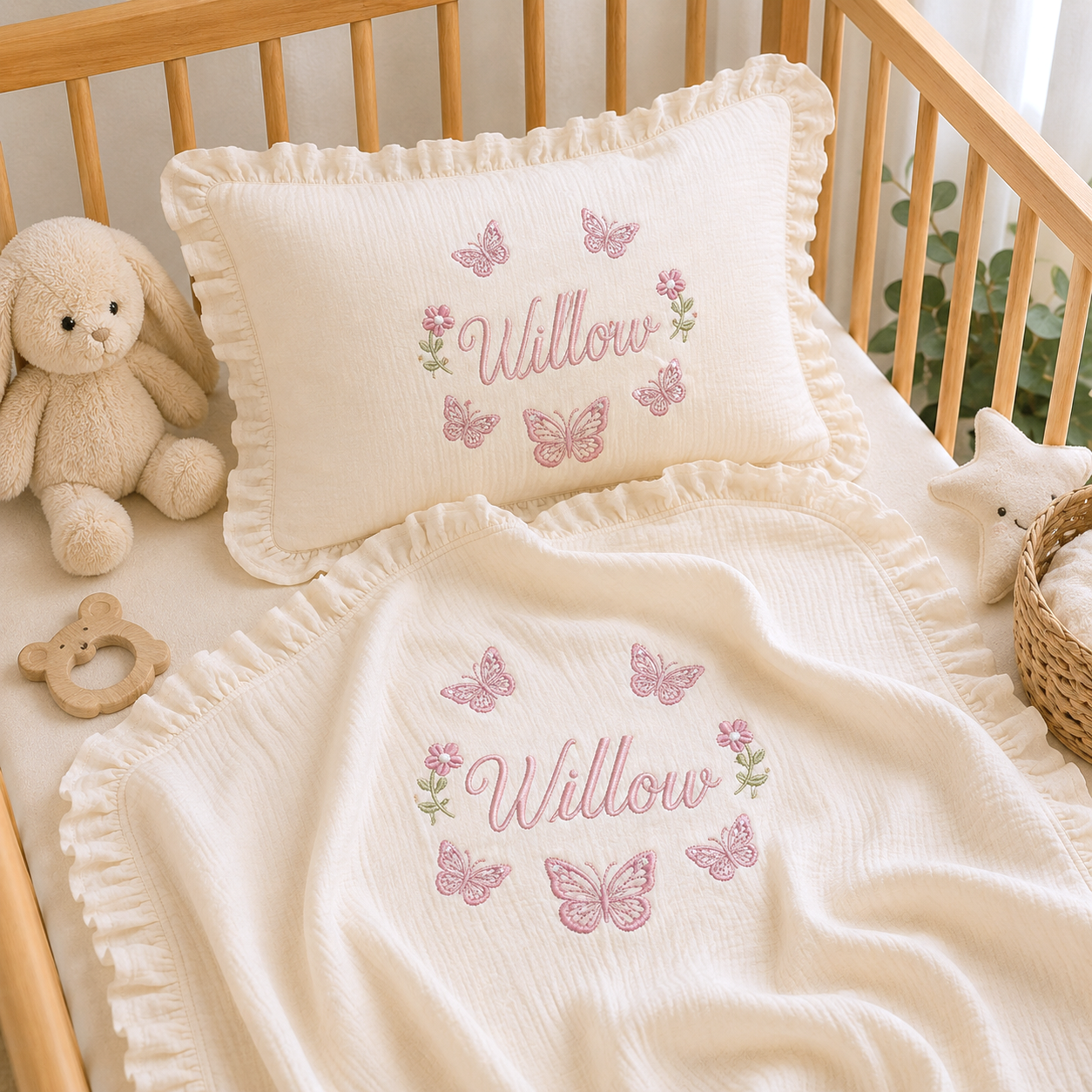 Custom Embroidered Muslin Baby Blanket & Ruffle Pillow | Personalized Baby Name Blanket | Luxury Newborn Gift Set #N1