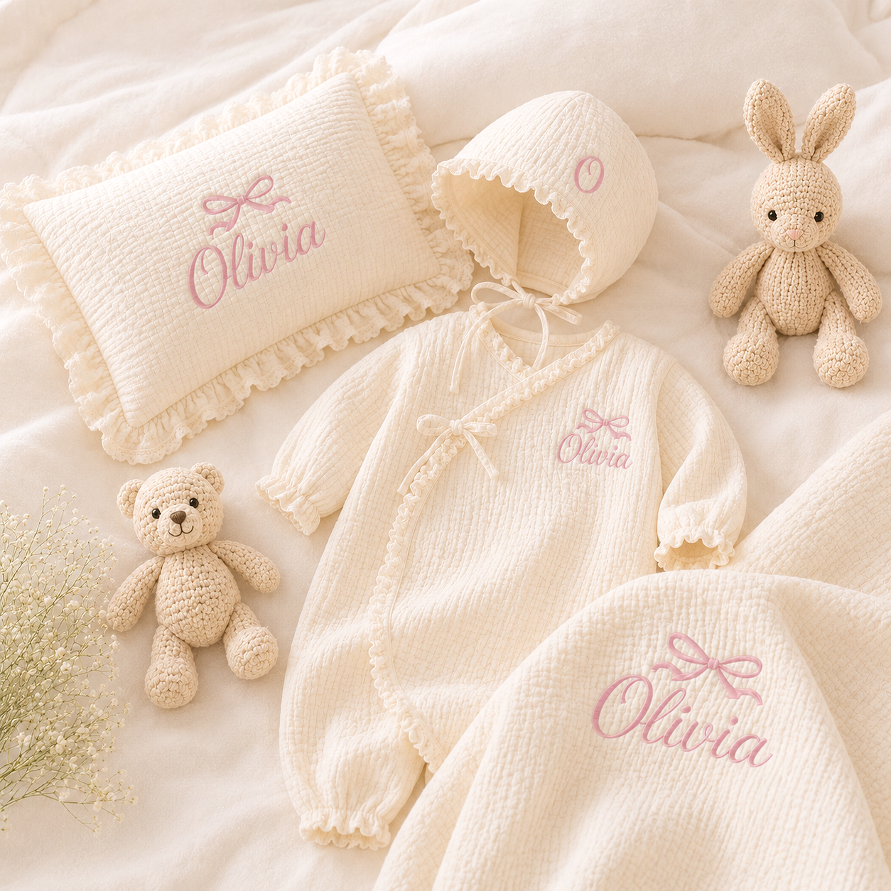 Personalized Newborn Baby Gift Set – Custom Name Embroidered Muslin Romper, Blanket & Pillow #N1