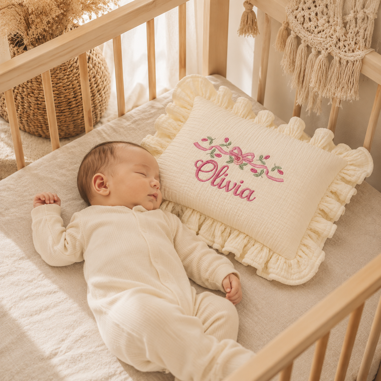 Personalized Muslin Baby Pillow — Custom Name Embroidery