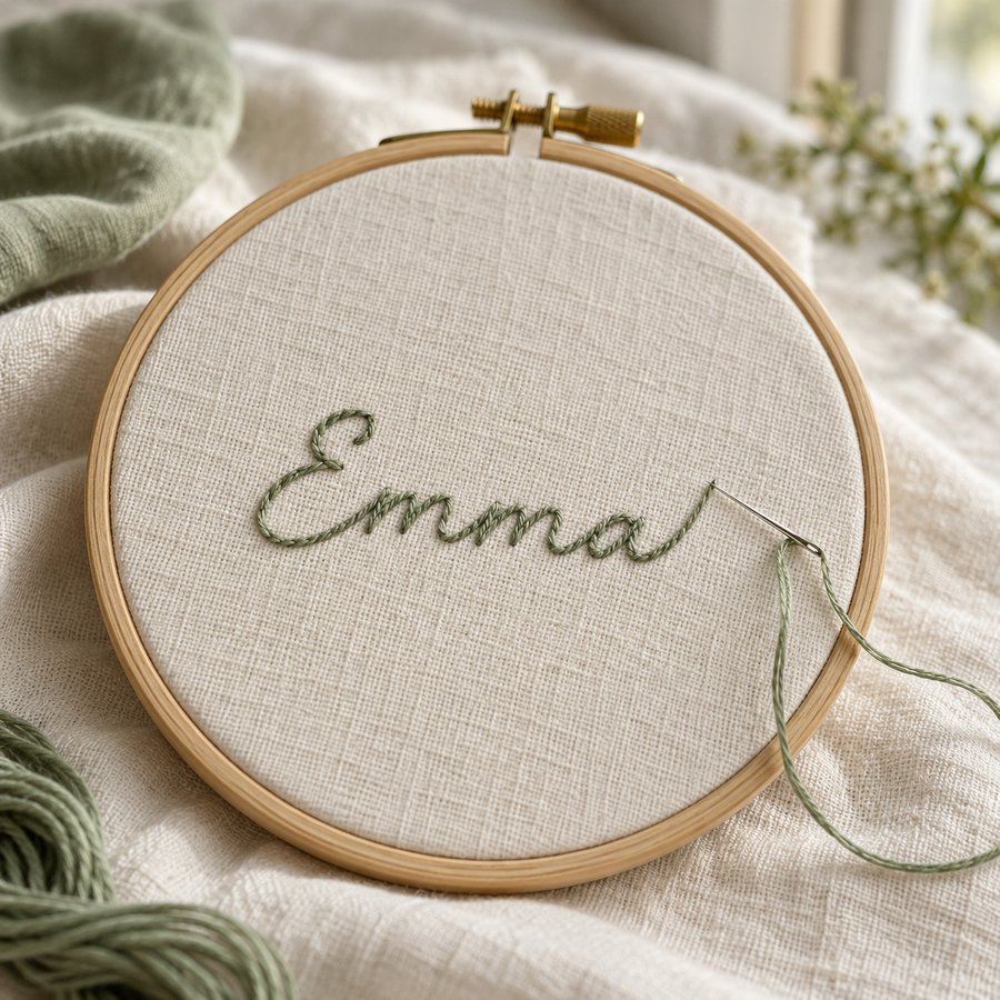 AI-generated illustrative scene of a wooden embroidery hoop, cream fabric and a name stitched in sage thread.