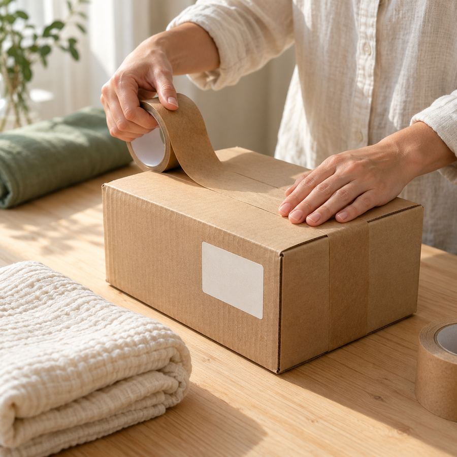 AI-generated illustrative scene of hands sealing a plain kraft parcel; not an actual shipment or carrier photograph.