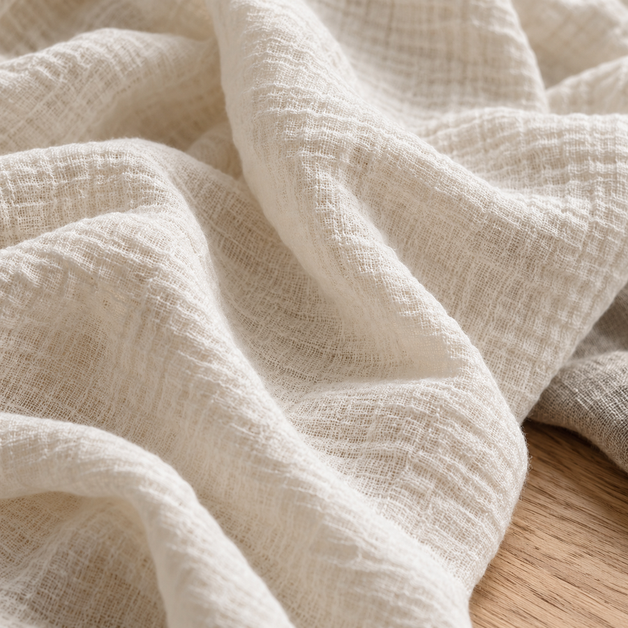 AI-generated illustrative close-up of softly folded cream muslin fabric in natural light.