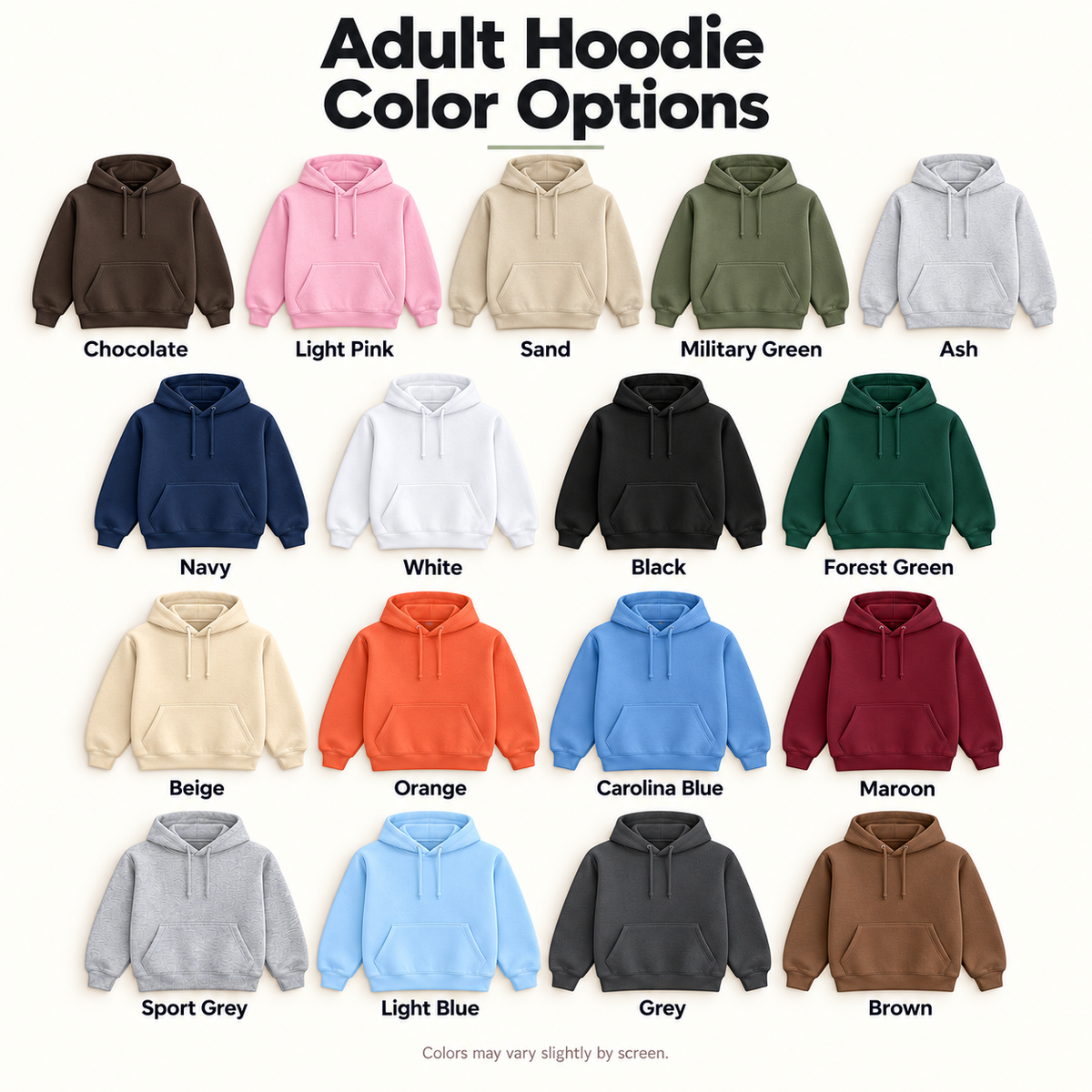 Adult Hoodie Color Chart: 17 named colors
