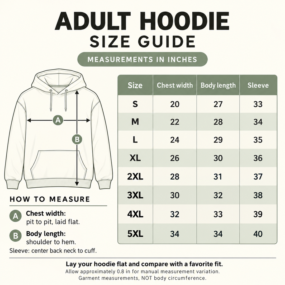 Adult Hoodie Size Guide: S–5XL garment measurements