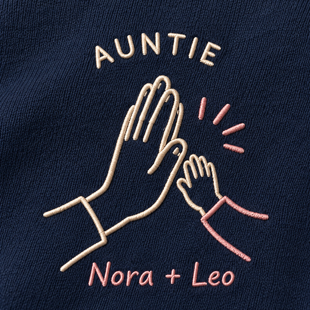 Little High Five personalized Auntie hands design; Navy sweatshirt mockup, embroidery detail; sample text AUNTIE / Nora + Leo