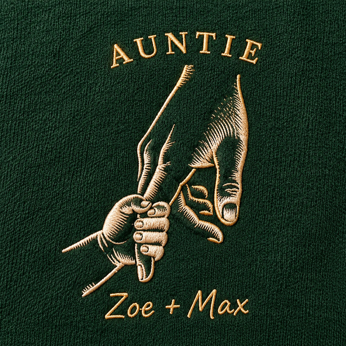 Held Finger personalized Auntie hands design; Forest Green sweatshirt mockup, embroidery detail; sample text AUNTIE / Zoe + Max