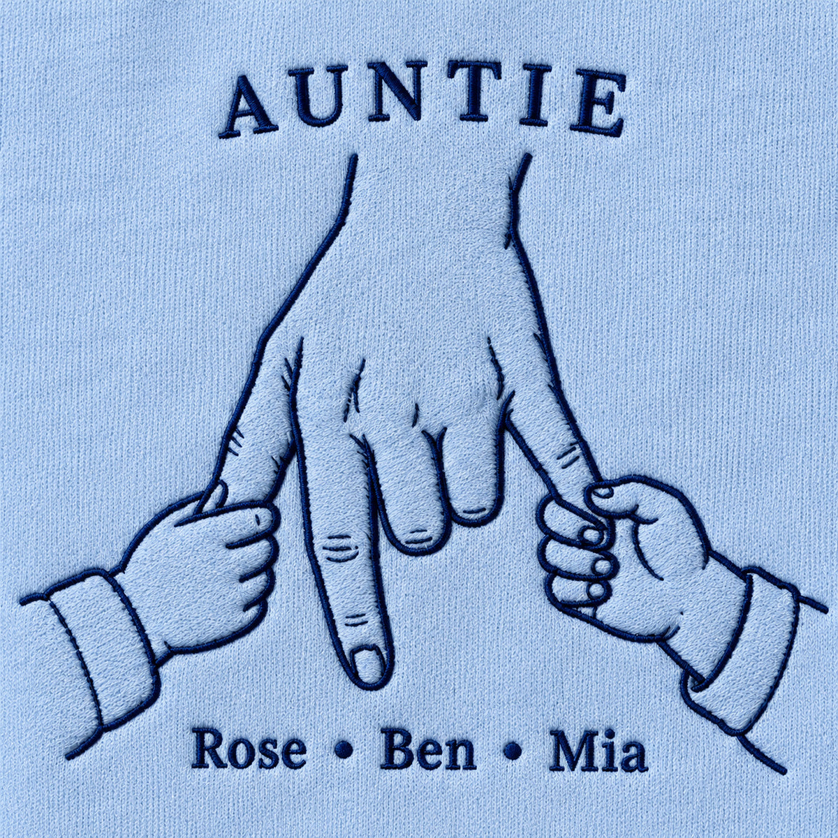 Double Little Hold personalized Auntie hands design; Light Blue sweatshirt mockup, embroidery detail; sample text AUNTIE / Rose • Ben • Mia