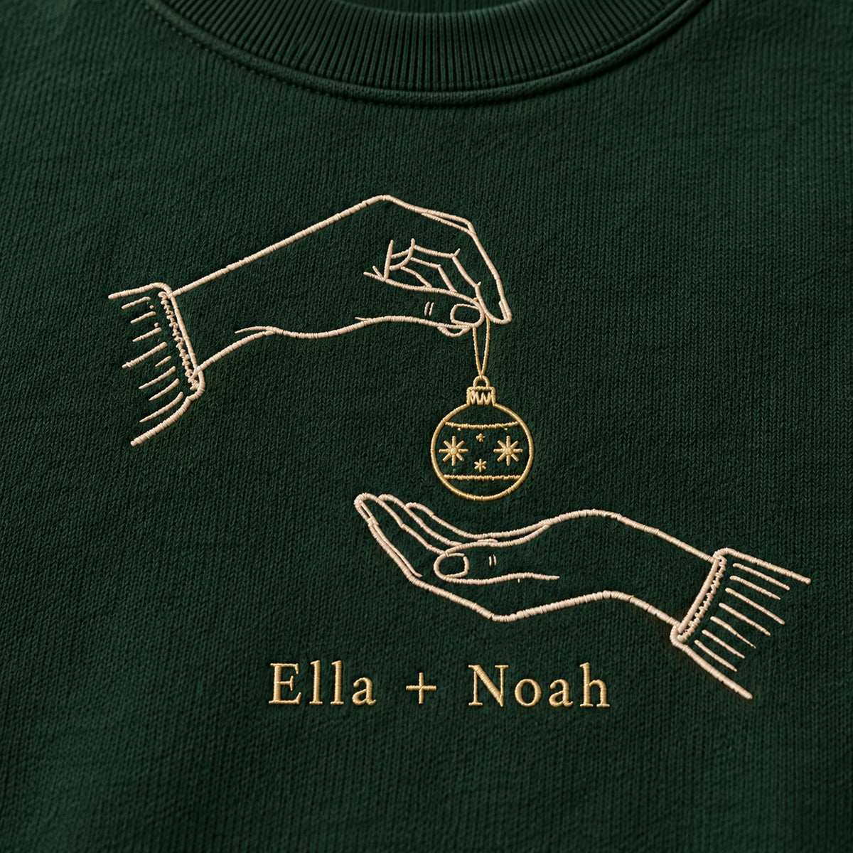 Ornament Exchange personalized Christmas hands design; Forest Green sweatshirt mockup, embroidery detail; sample text Ella + Noah