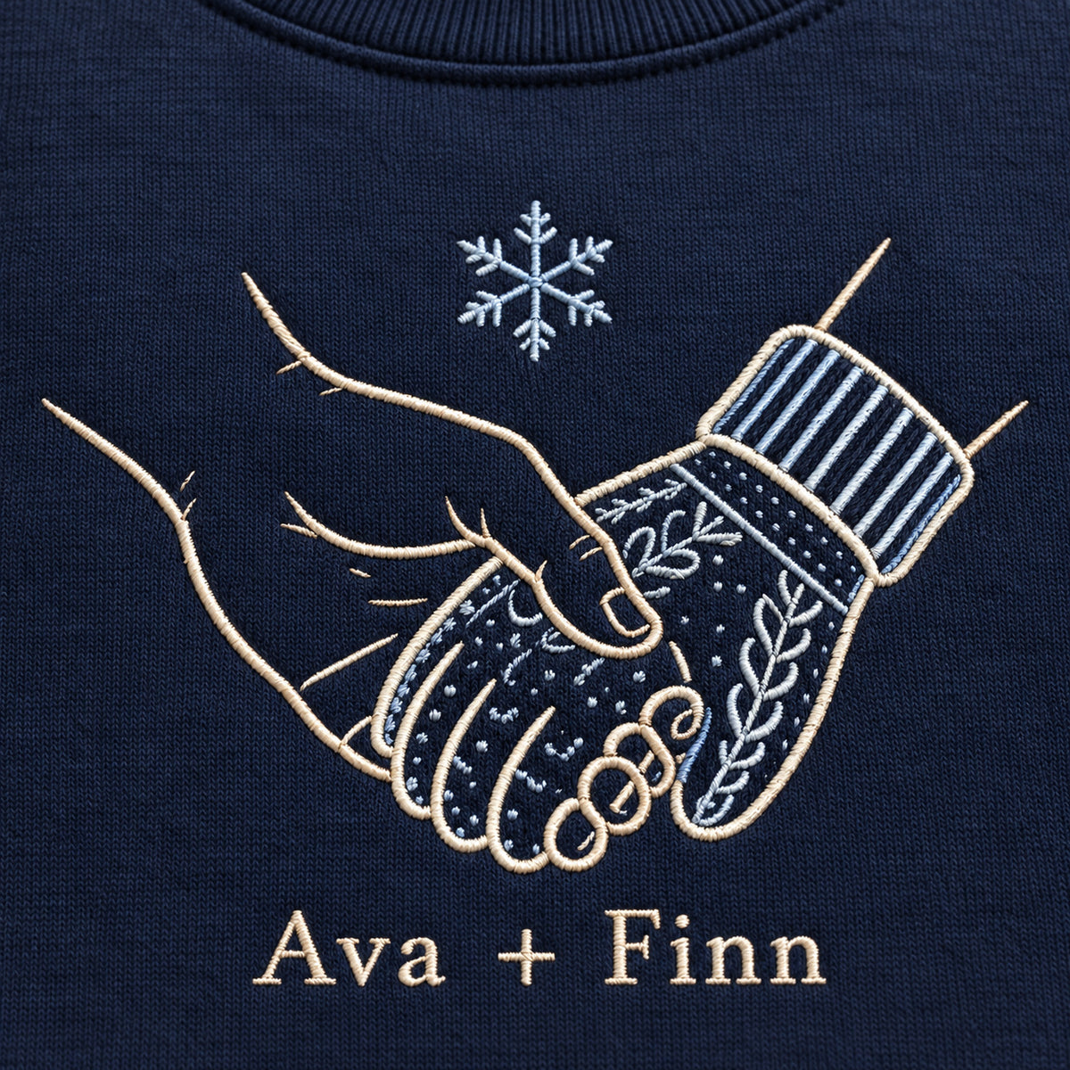 Warm Winter Hold personalized Christmas hands design; Navy sweatshirt mockup, embroidery detail; sample text Ava + Finn