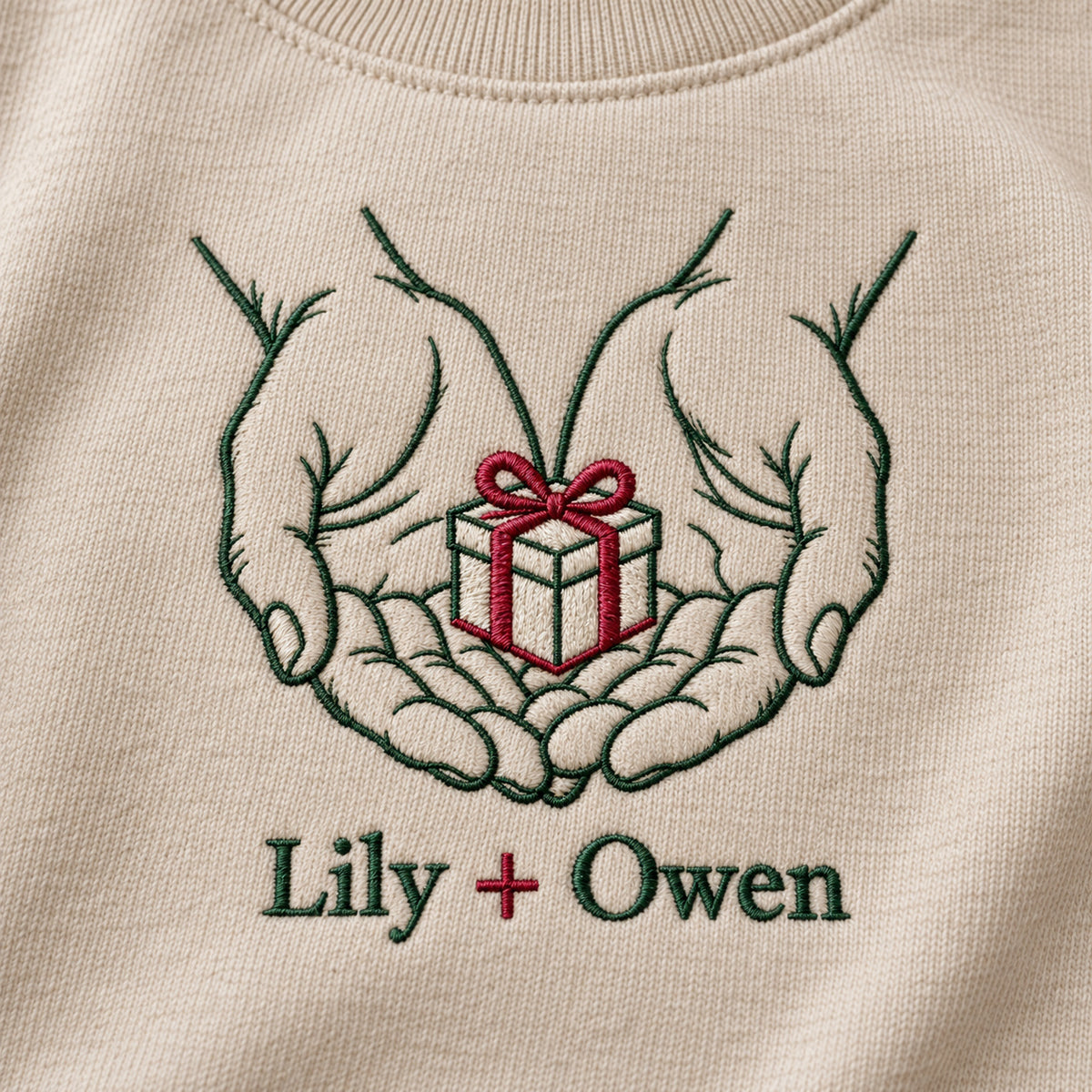 Gift From My Hands personalized Christmas hands design; Sand sweatshirt mockup, embroidery detail; sample text Lily + Owen