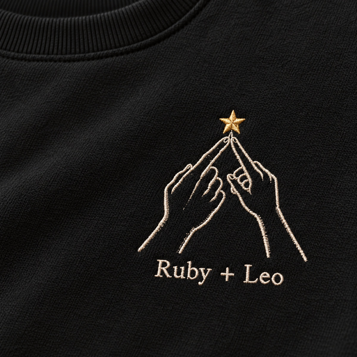 Hanging Our Star personalized Christmas hands design; Black sweatshirt mockup, embroidery detail; sample text Ruby + Leo