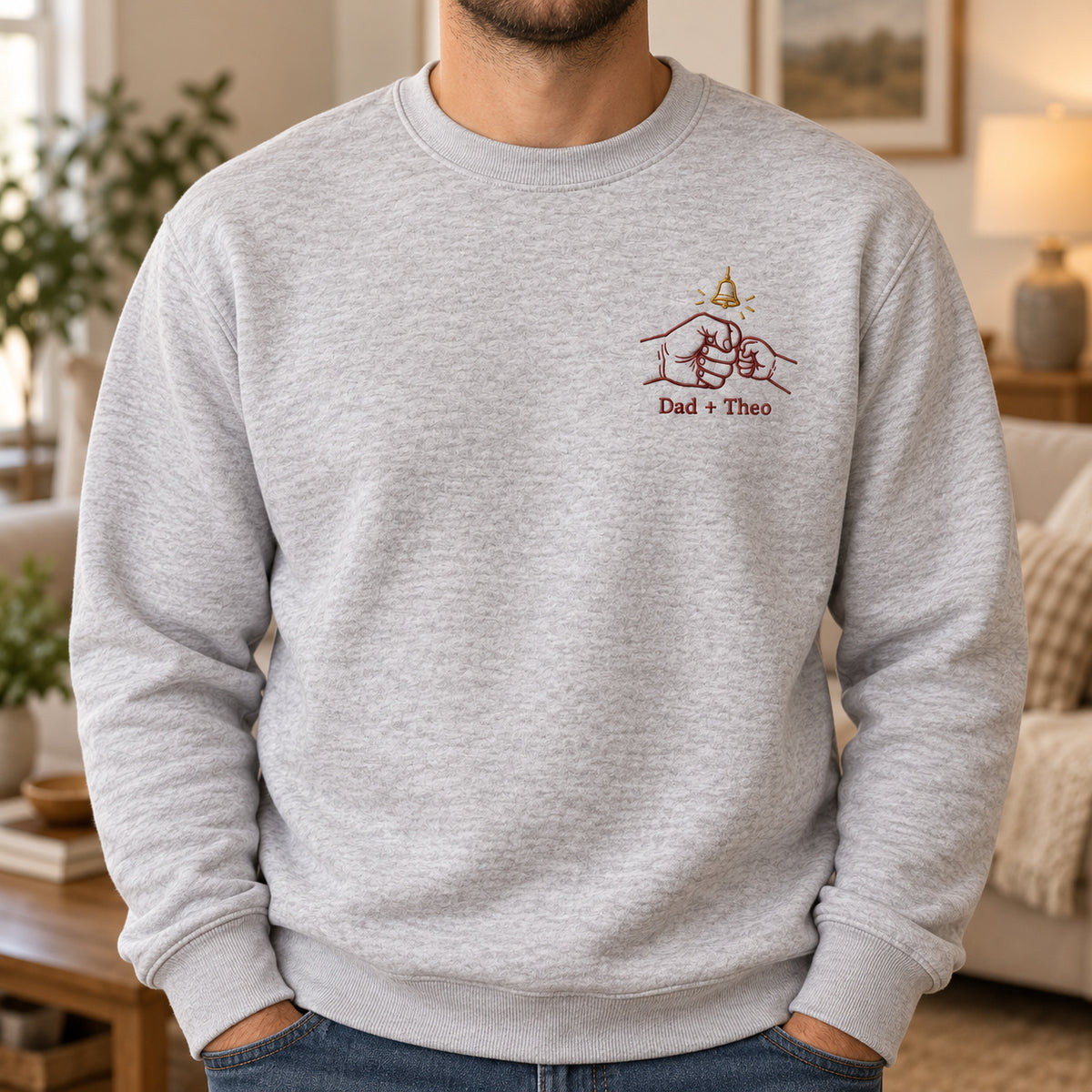 Tiny Bell Promise personalized Christmas hands design; Ash sweatshirt mockup, lifestyle; sample text Dad + Theo