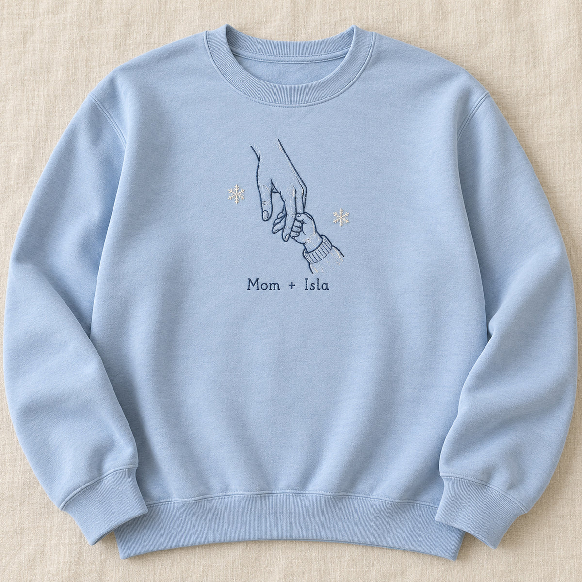 Holiday Home Hands personalized Christmas hands design; Light Blue sweatshirt mockup, hero; sample text Mom + Isla