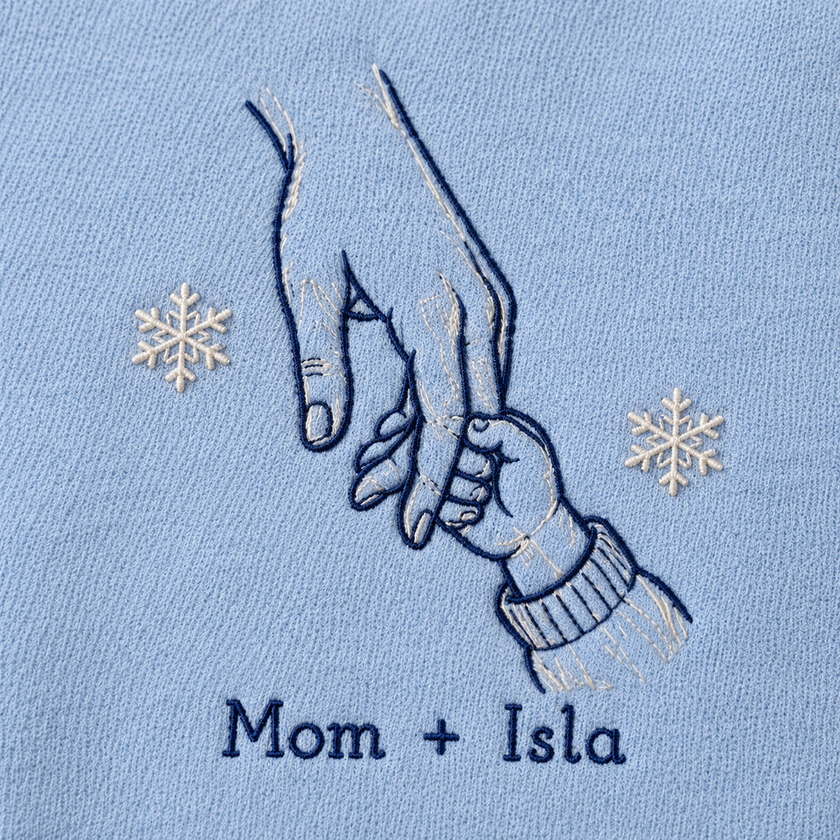 Holiday Home Hands personalized Christmas hands design; Light Blue sweatshirt mockup, embroidery detail; sample text Mom + Isla
