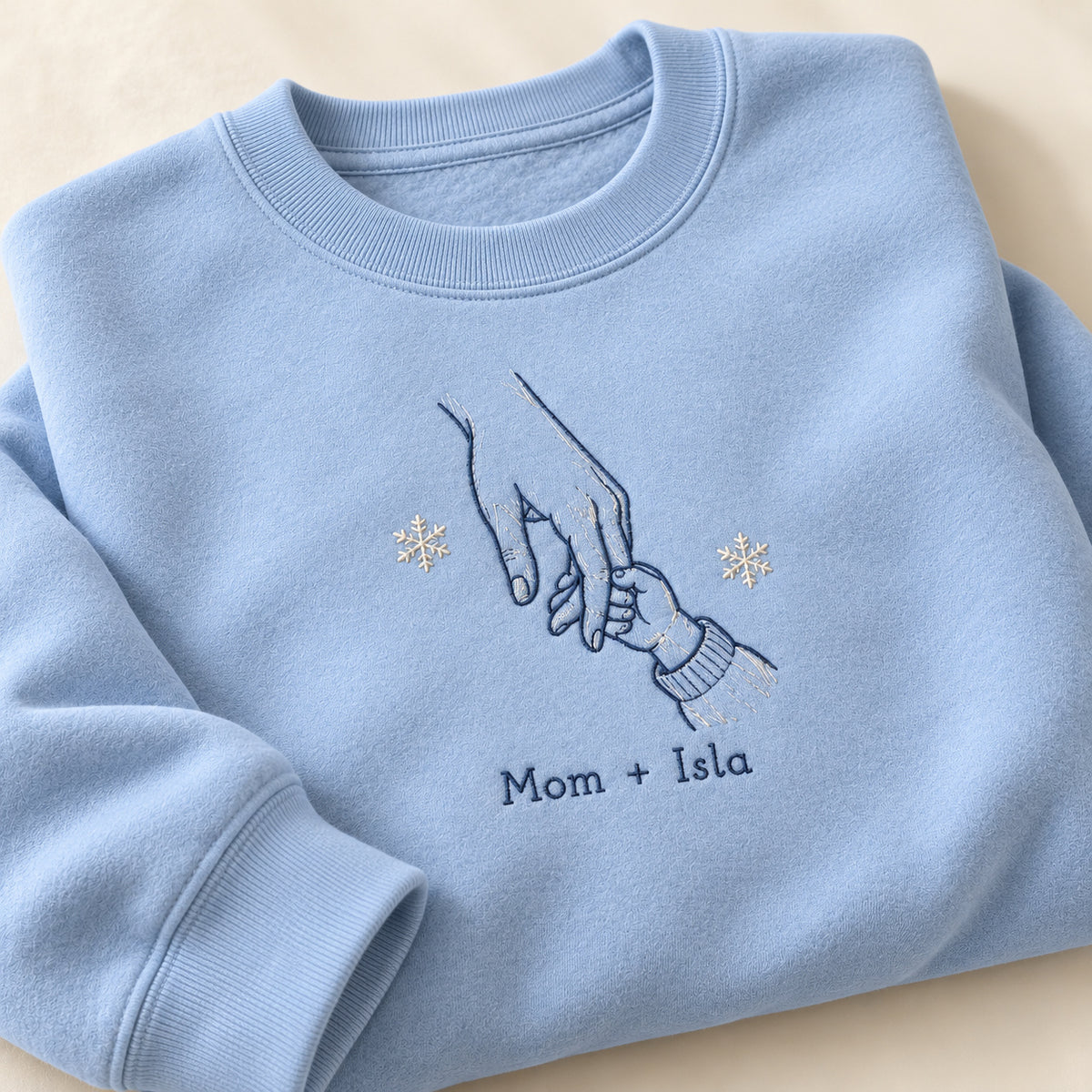 Holiday Home Hands personalized Christmas hands design; Light Blue sweatshirt mockup, personalization detail; sample text Mom + Isla