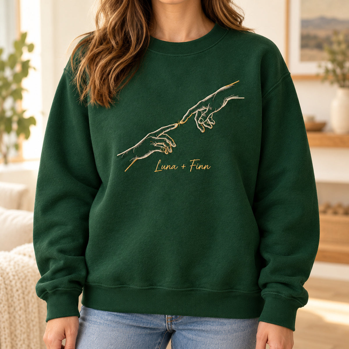 Forever Touch personalized Couples hands design; Forest Green sweatshirt mockup, lifestyle; sample text Luna + Finn