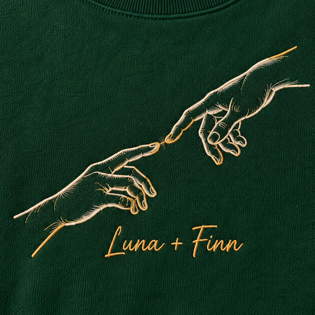 Forever Touch personalized Couples hands design; Forest Green sweatshirt mockup, embroidery detail; sample text Luna + Finn