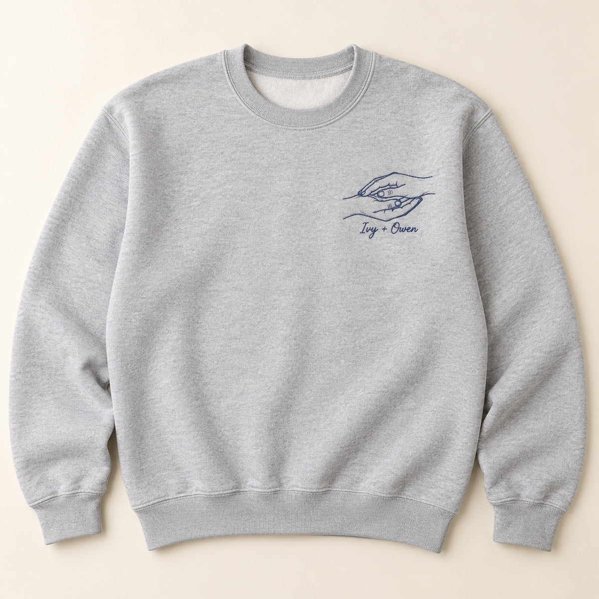 Palm Kiss personalized Couples hands design; Ash sweatshirt mockup, hero; sample text Ivy + Owen