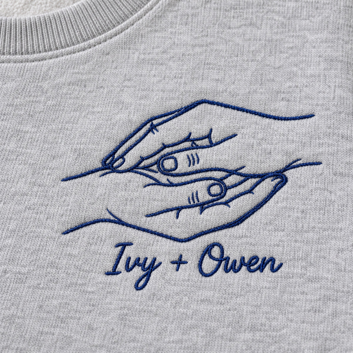 Palm Kiss personalized Couples hands design; Ash sweatshirt mockup, embroidery detail; sample text Ivy + Owen