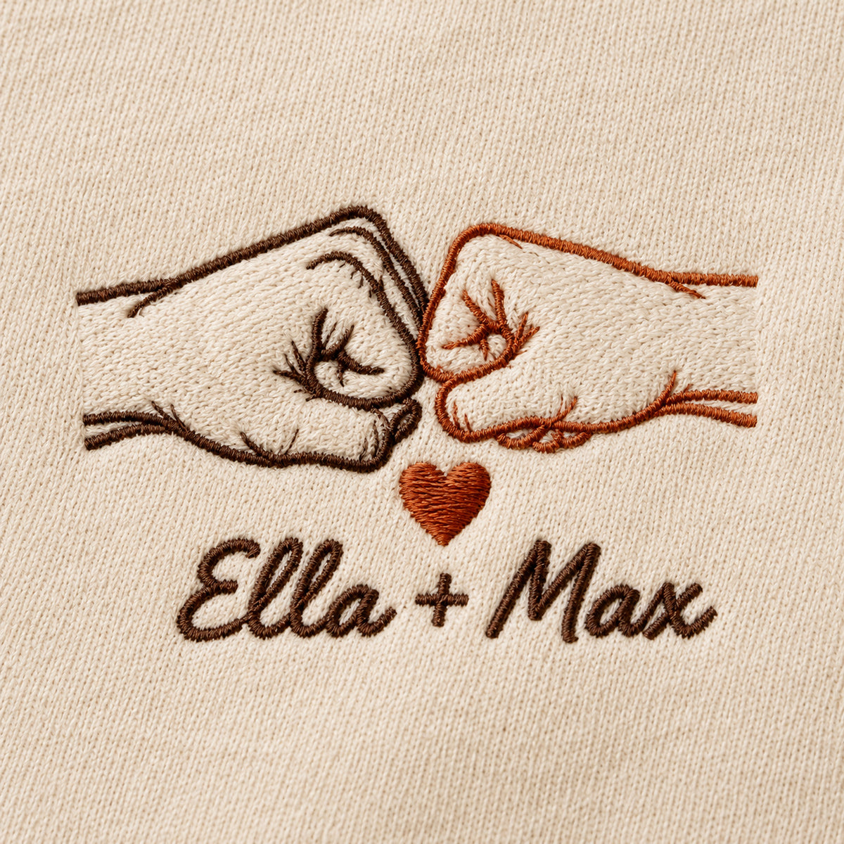 Little Squeeze personalized Couples hands design; Beige sweatshirt mockup, embroidery detail; sample text Ella + Max