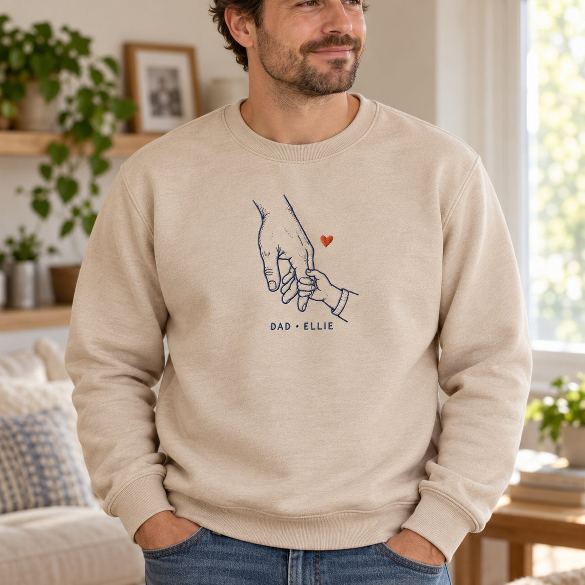 Little Grip personalized Dad hands design; Sand sweatshirt mockup, lifestyle; sample text DAD • ELLIE