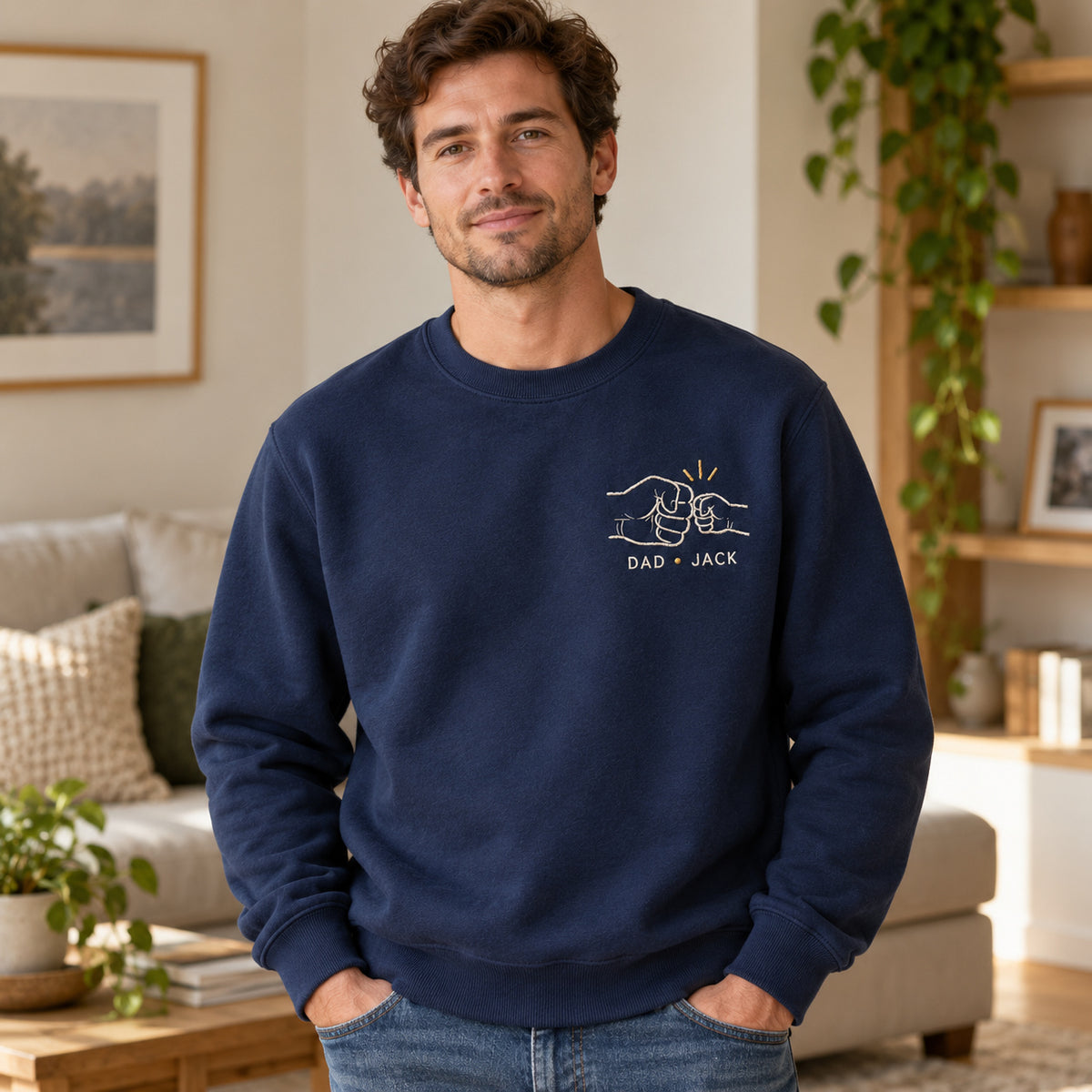 First Fist Bump personalized Dad hands design; Navy sweatshirt mockup, lifestyle; sample text DAD • JACK