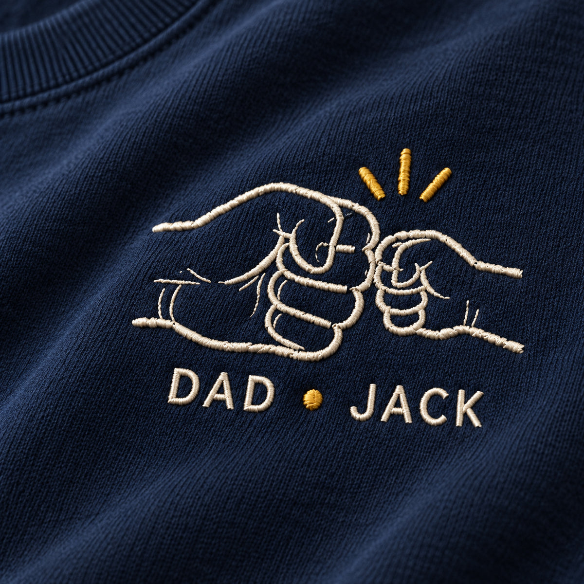First Fist Bump personalized Dad hands design; Navy sweatshirt mockup, embroidery detail; sample text DAD • JACK