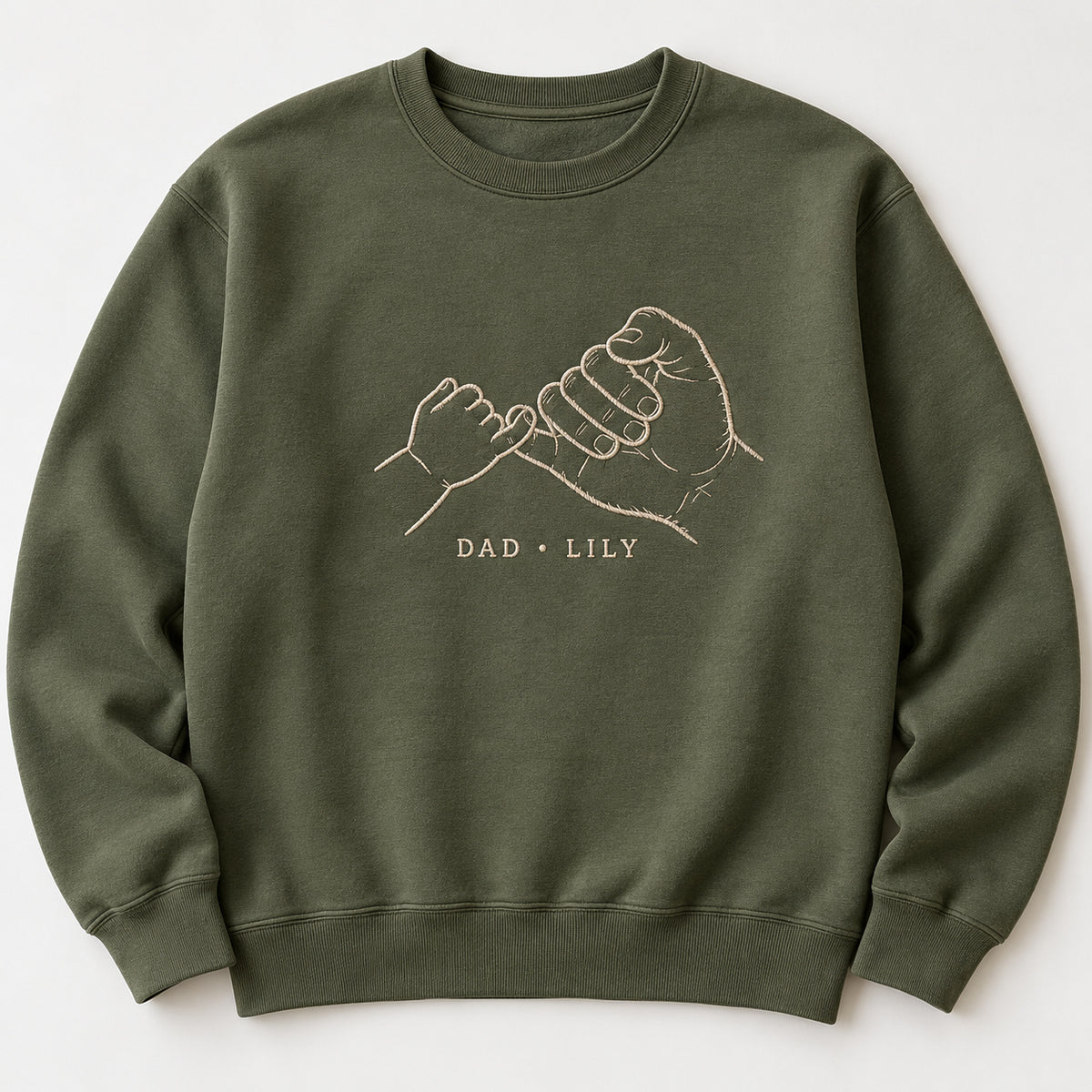 Pinky Promise personalized Dad hands design; Military Green sweatshirt mockup, hero; sample text DAD • LILY