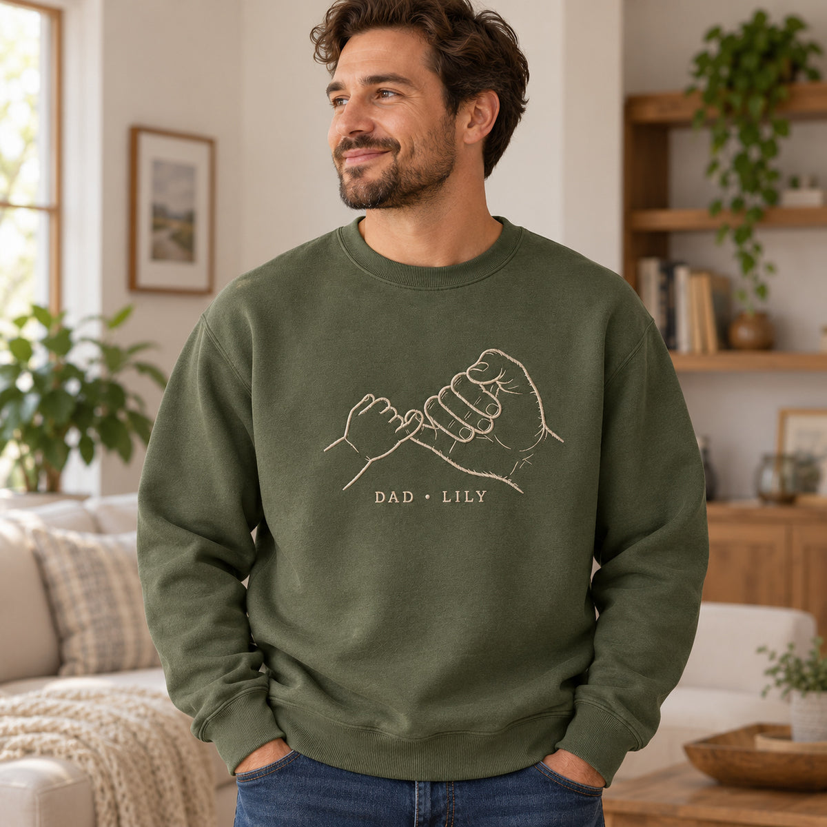 Pinky Promise personalized Dad hands design; Military Green sweatshirt mockup, lifestyle; sample text DAD • LILY