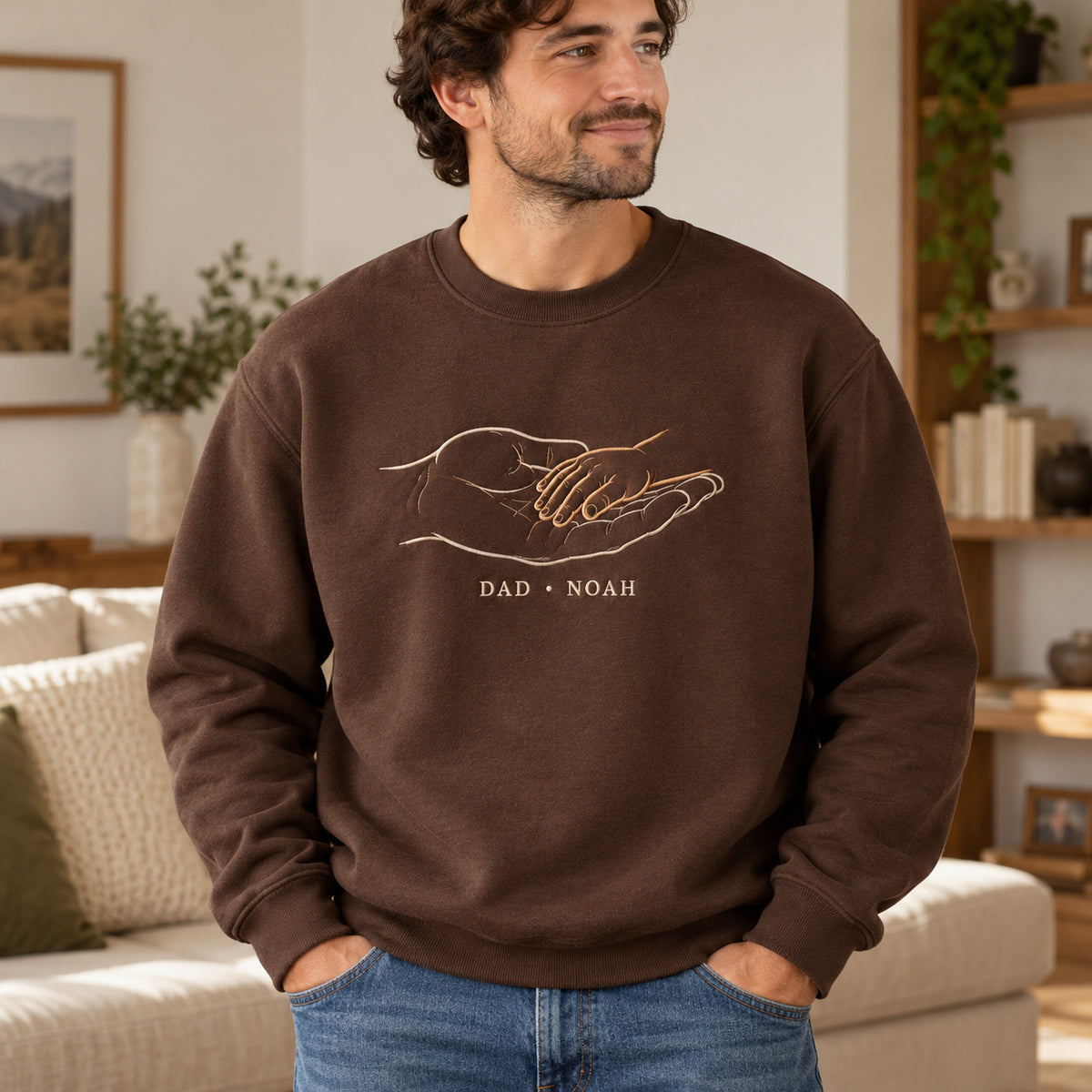 Safe In My Palm personalized Dad hands design; Chocolate sweatshirt mockup, lifestyle; sample text DAD • NOAH
