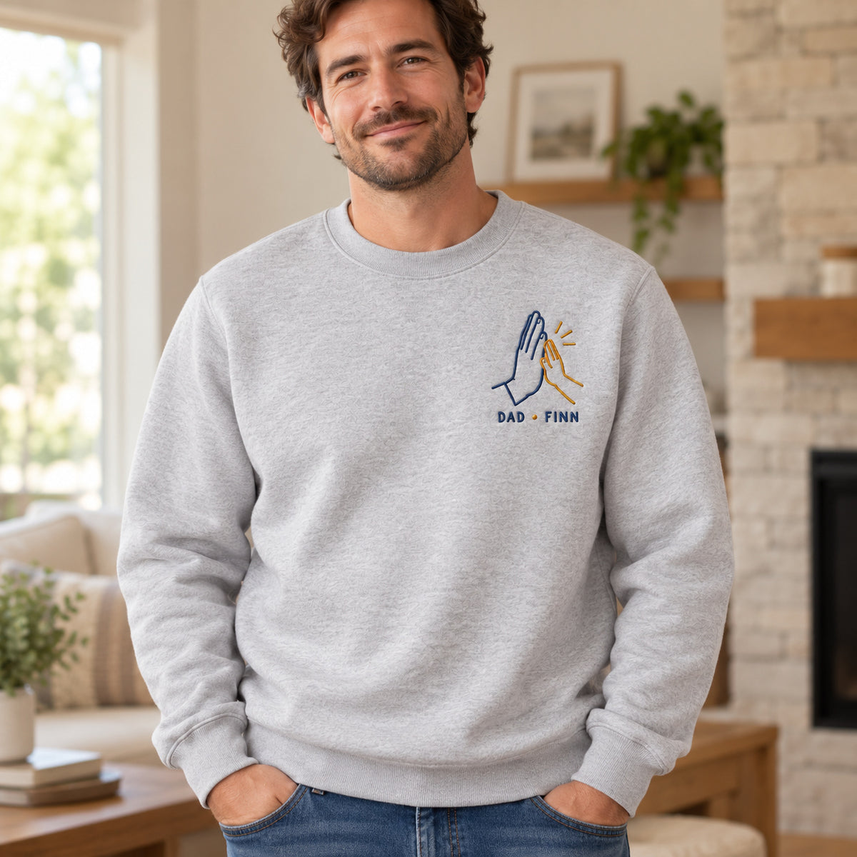 High Five Club personalized Dad hands design; Ash sweatshirt mockup, lifestyle; sample text DAD • FINN