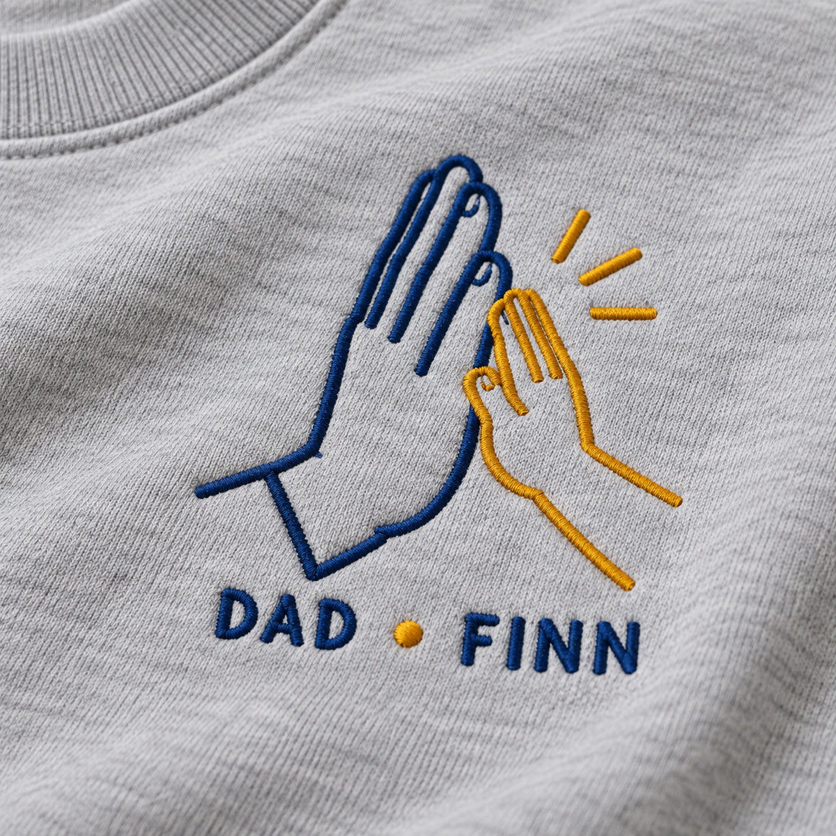 High Five Club personalized Dad hands design; Ash sweatshirt mockup, embroidery detail; sample text DAD • FINN