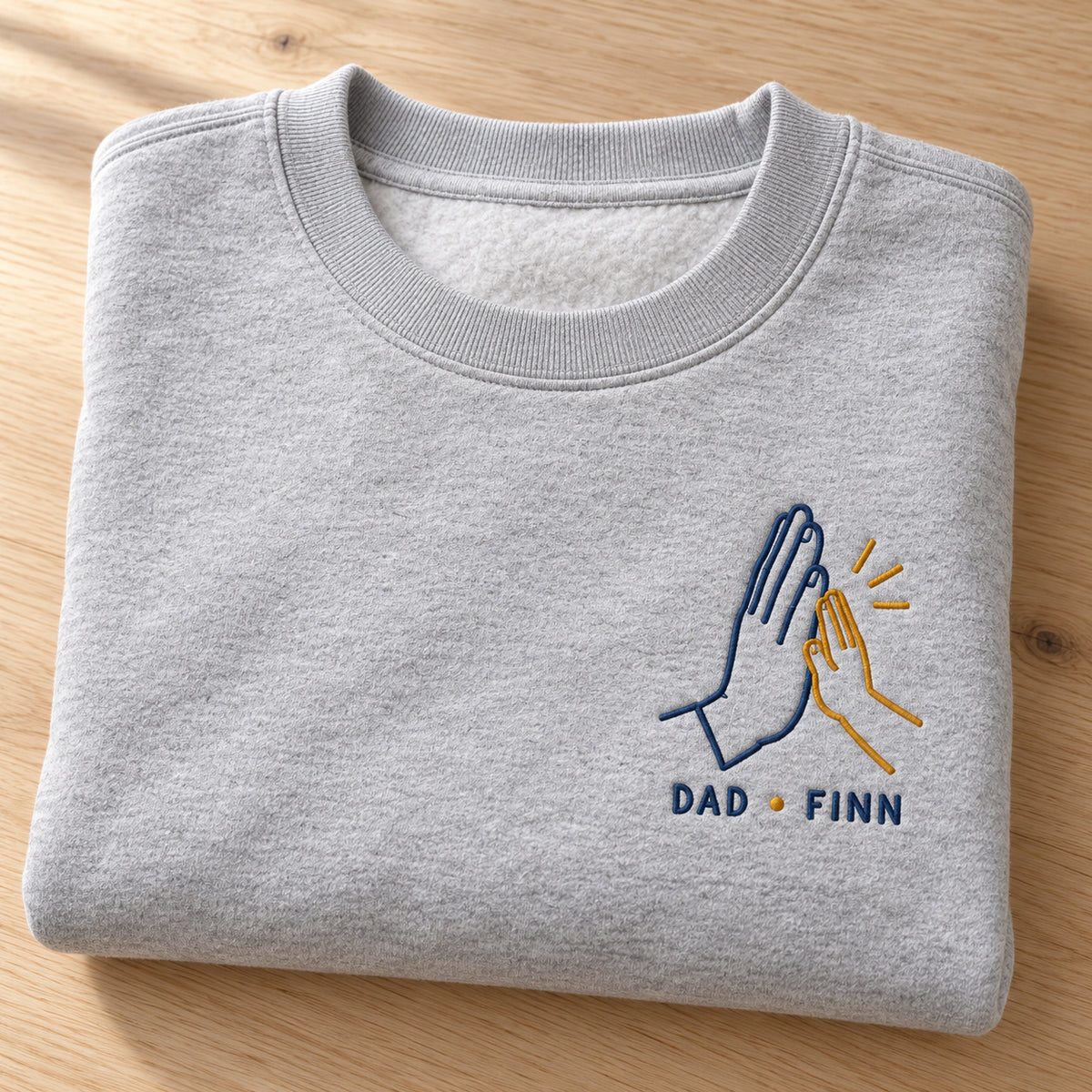 High Five Club personalized Dad hands design; Ash sweatshirt mockup, personalization detail; sample text DAD • FINN