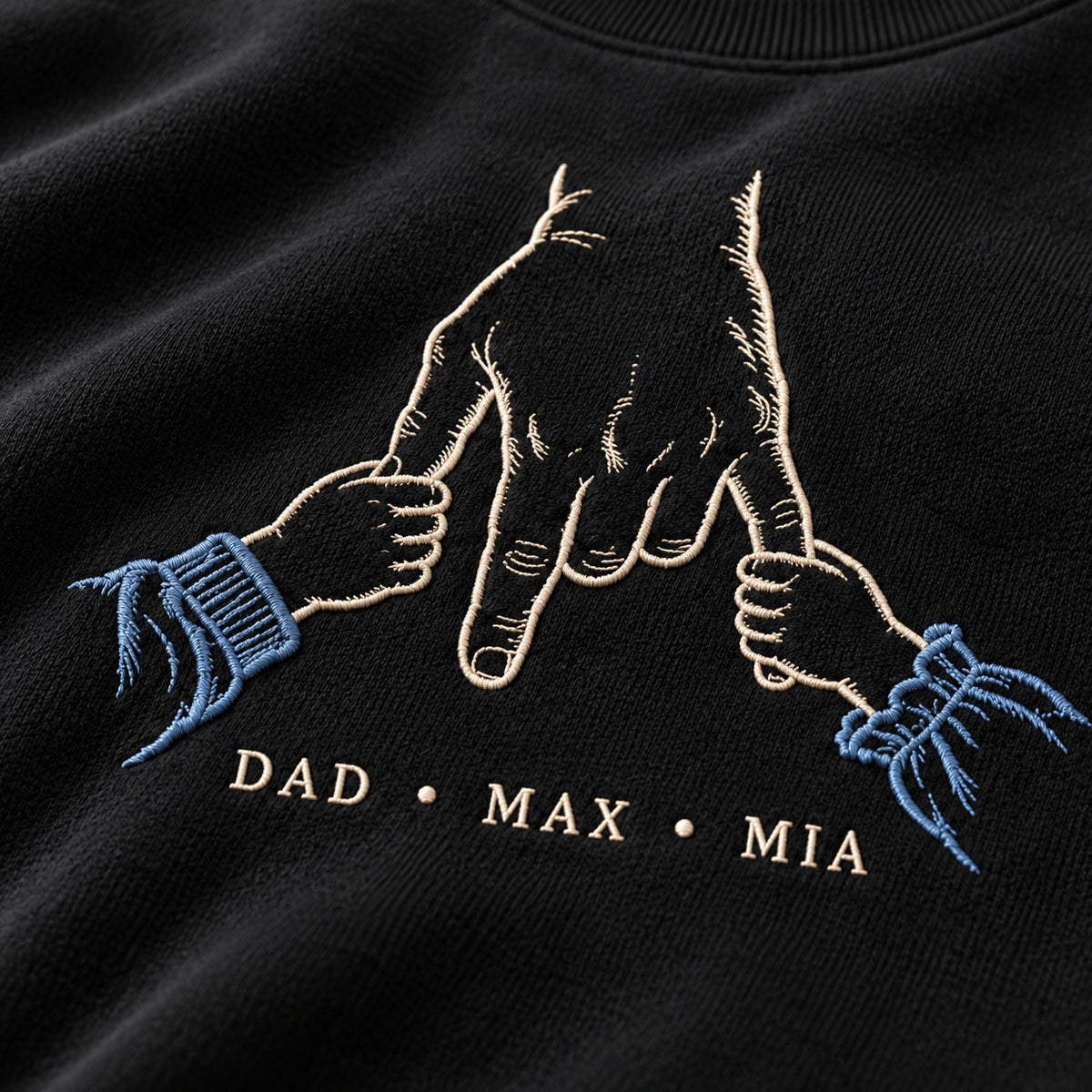 Two Little Anchors personalized Dad hands design; Black sweatshirt mockup, embroidery detail; sample text DAD • MAX • MIA